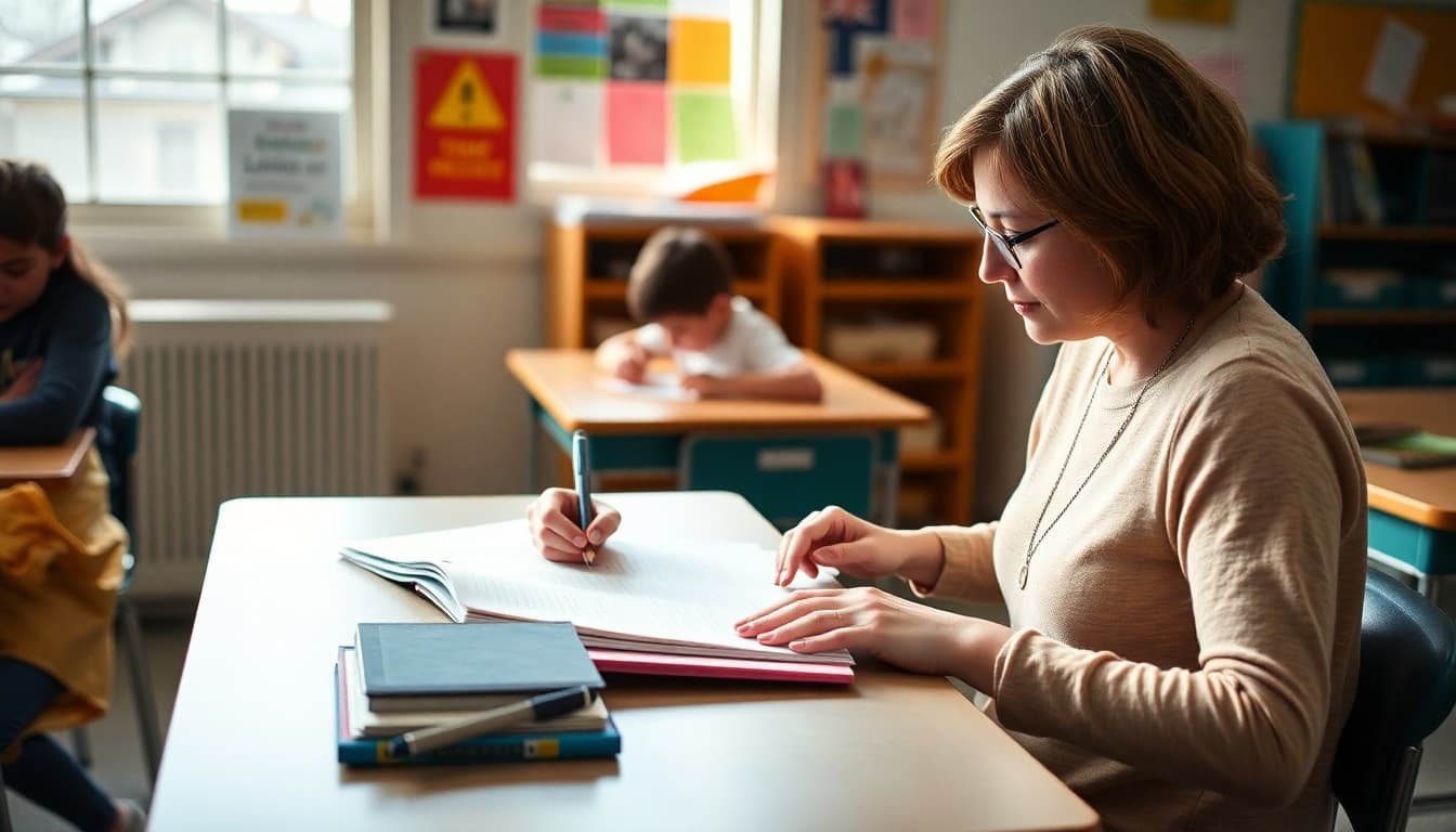 Rhode Island teacher writing a literacy newsletter at a classroom desk