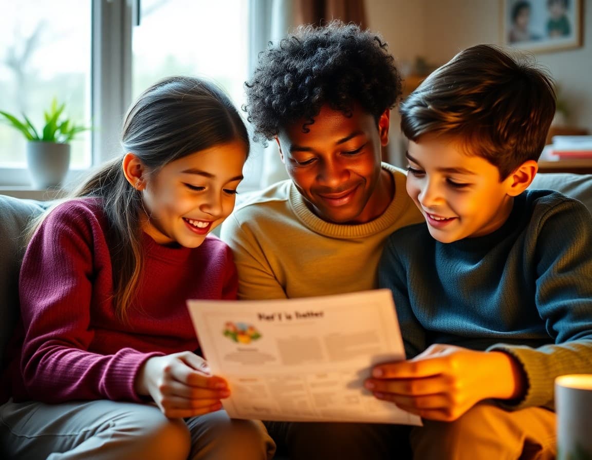 Family reading together at home after receiving a school newsletter