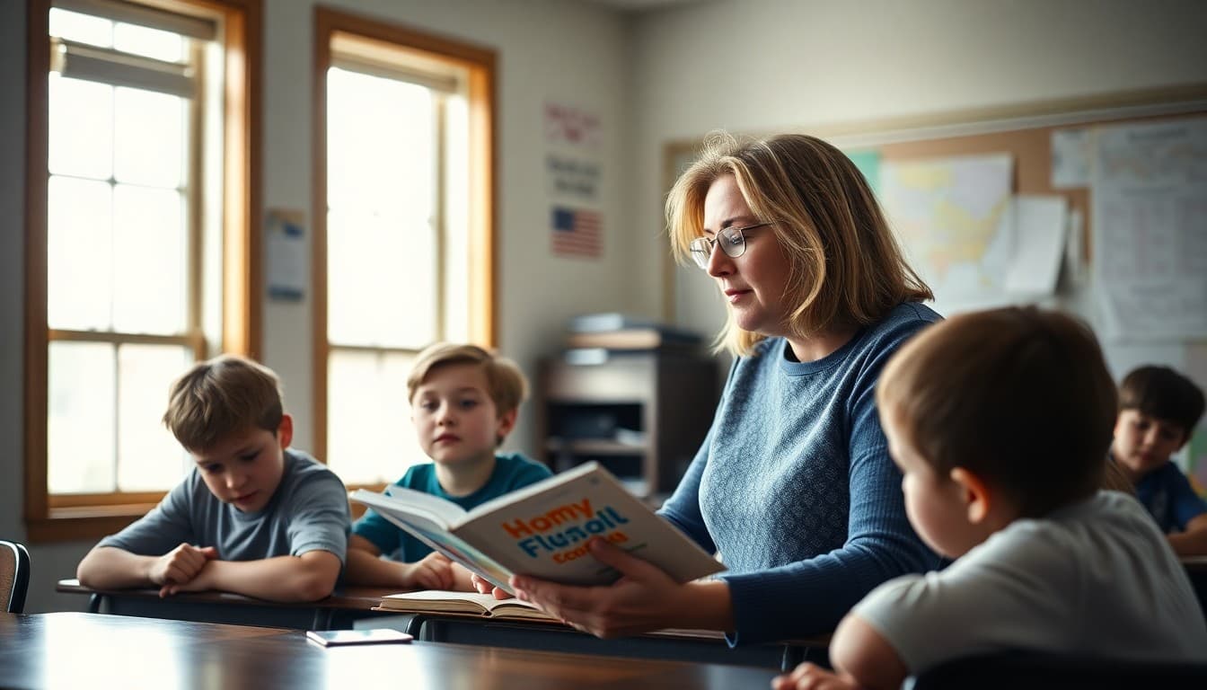 South Dakota classroom teacher reading aloud to a group of students