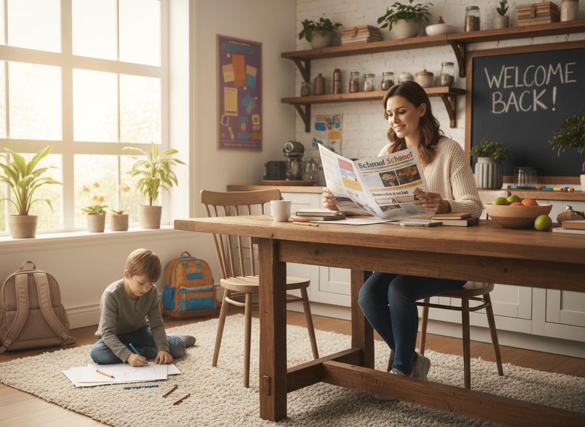 Parent reading a printed school newsletter at the kitchen table with their child nearby