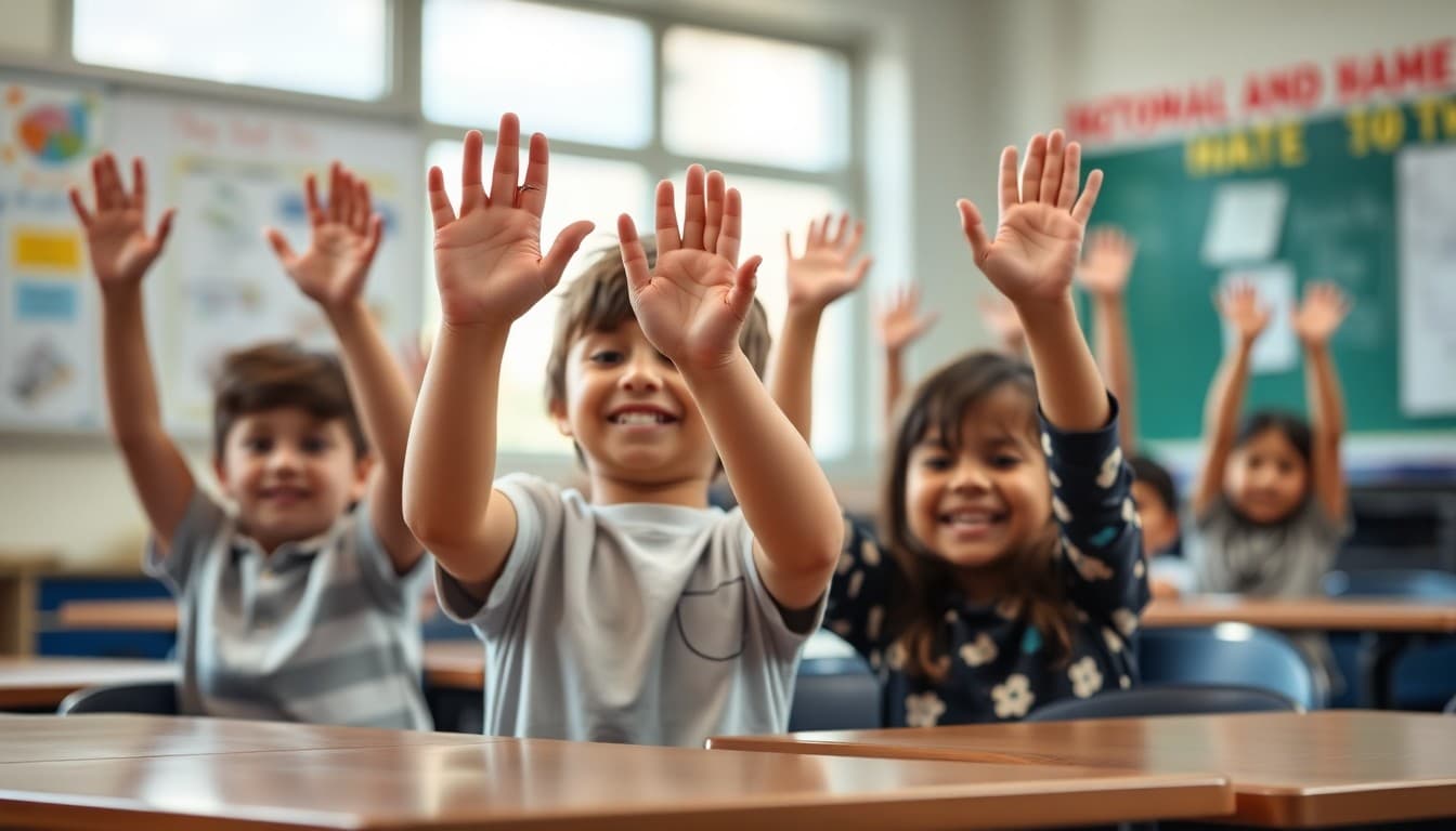 Second grade students celebrating a classroom achievement with raised hands and smiles