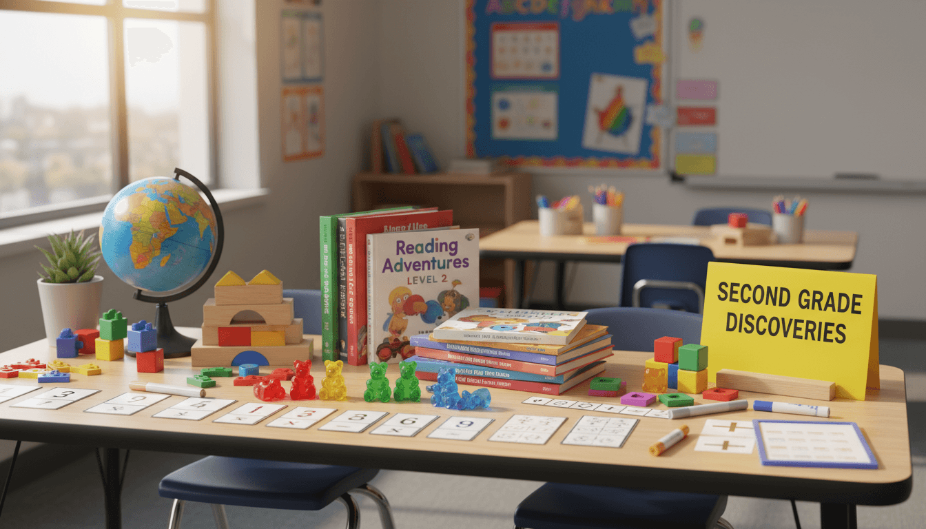 Second grade curriculum materials spread across a classroom table including books and math manipulatives