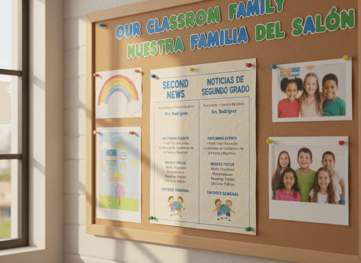 Bilingual second grade classroom newsletter printed in two languages on a family bulletin board