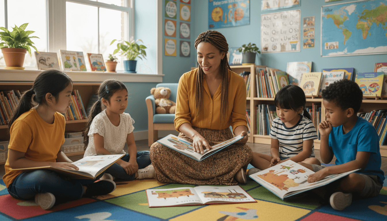 Second grade teacher working with a small group of English language learner students using picture books