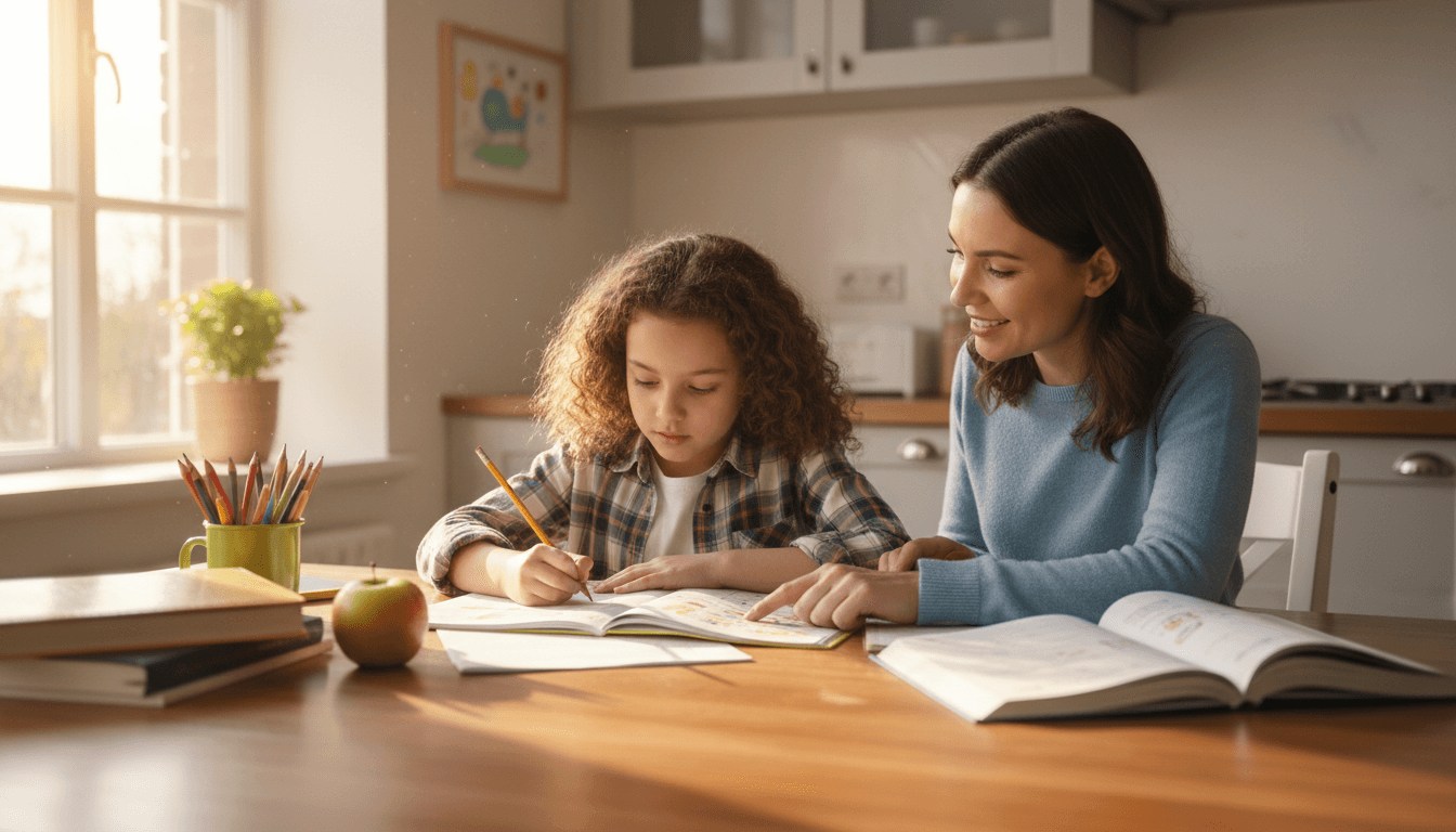 Second grade student sitting at a kitchen table doing homework with a parent nearby