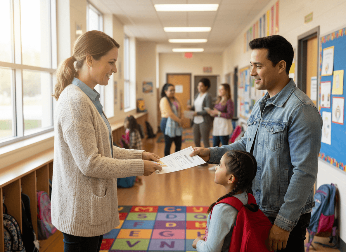 Second grade teacher handing a printed volunteer sign-up sheet to a parent at pickup