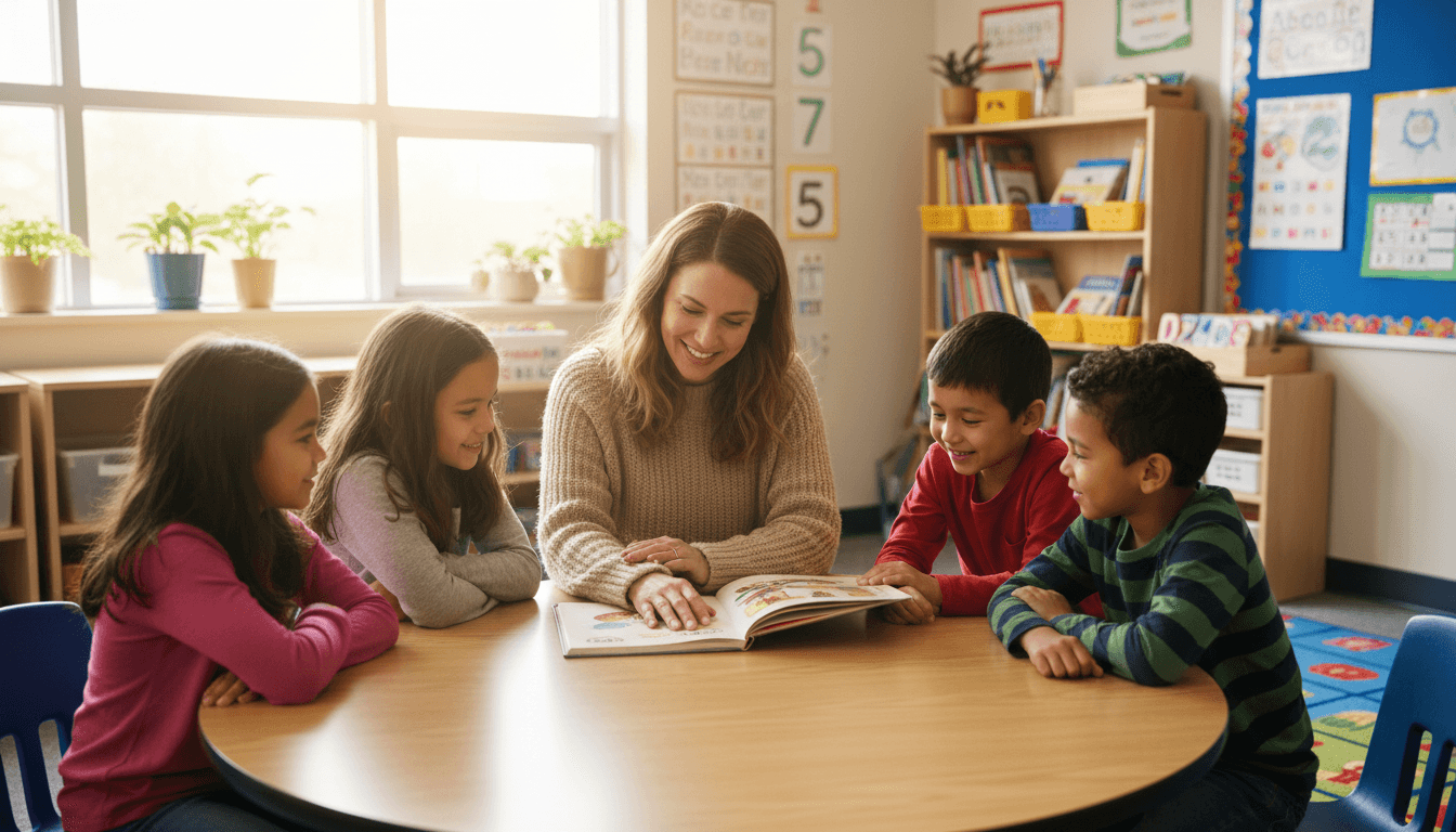 Parent volunteer reading to a small group of second grade students at a classroom table