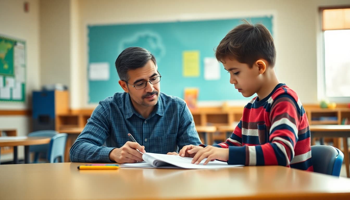 Parent and second grader sitting at a table reviewing a progress report together