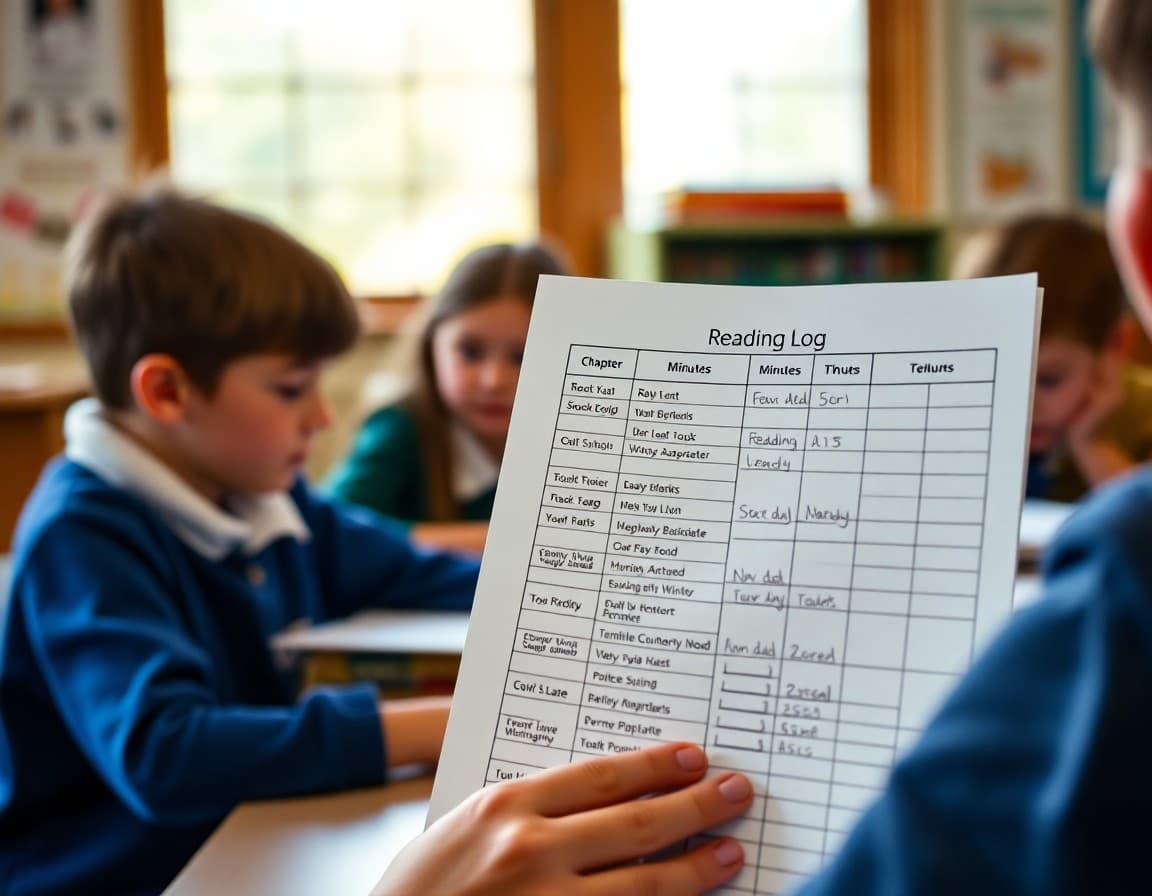 Reading log form with completed entries showing chapter book titles and minutes
