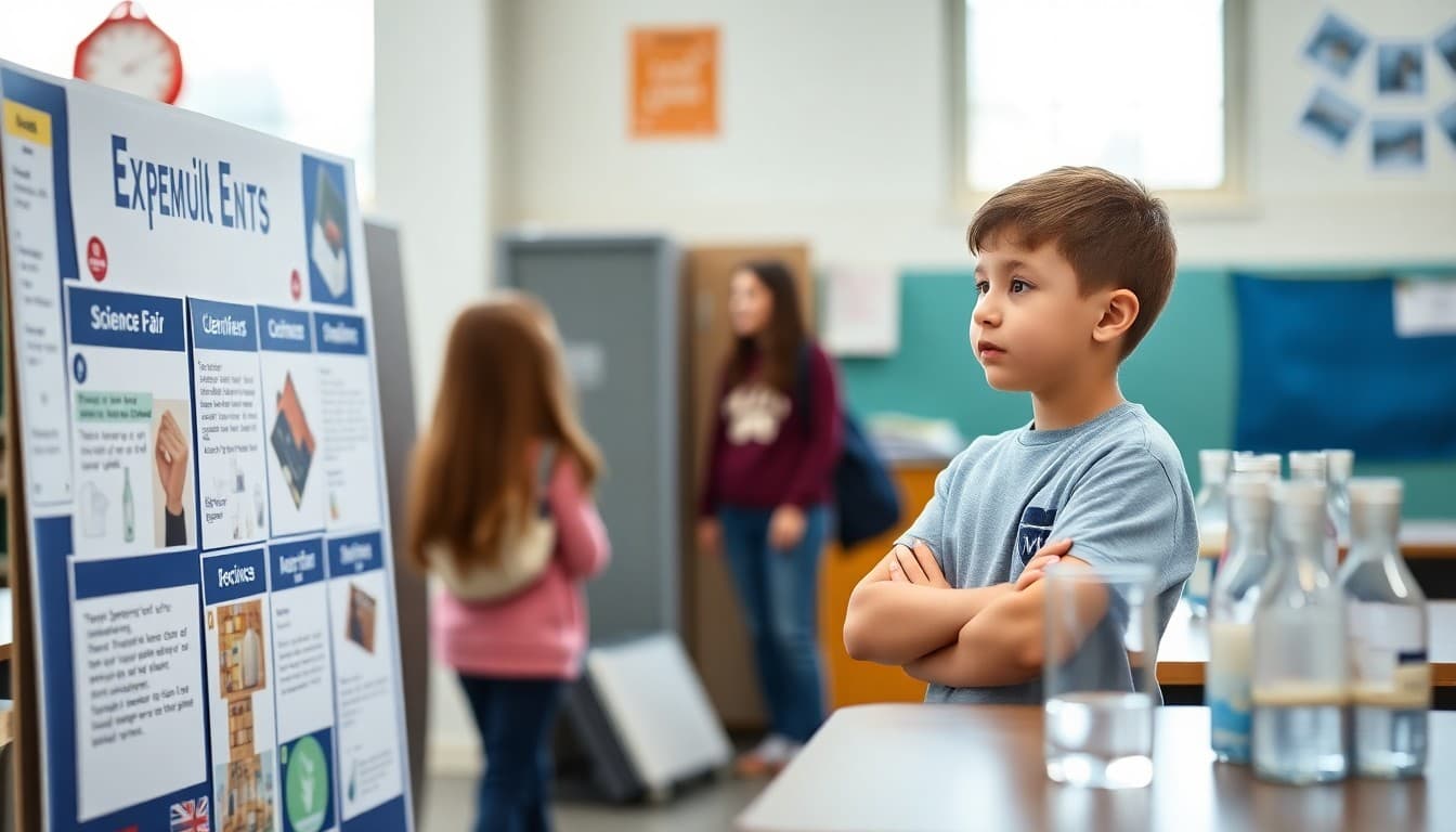 Second grader standing next to a science fair display board explaining an experiment