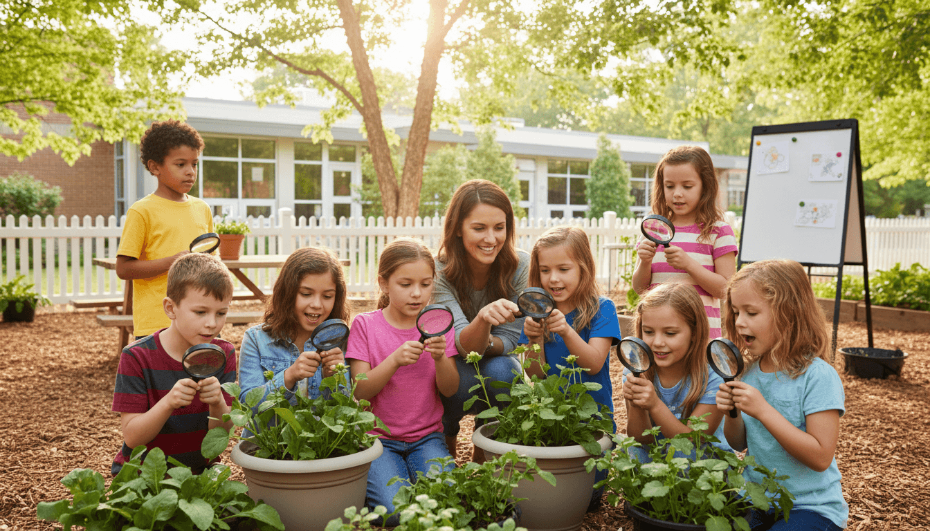 Second grade students using magnifying glasses to examine plants during a science investigation