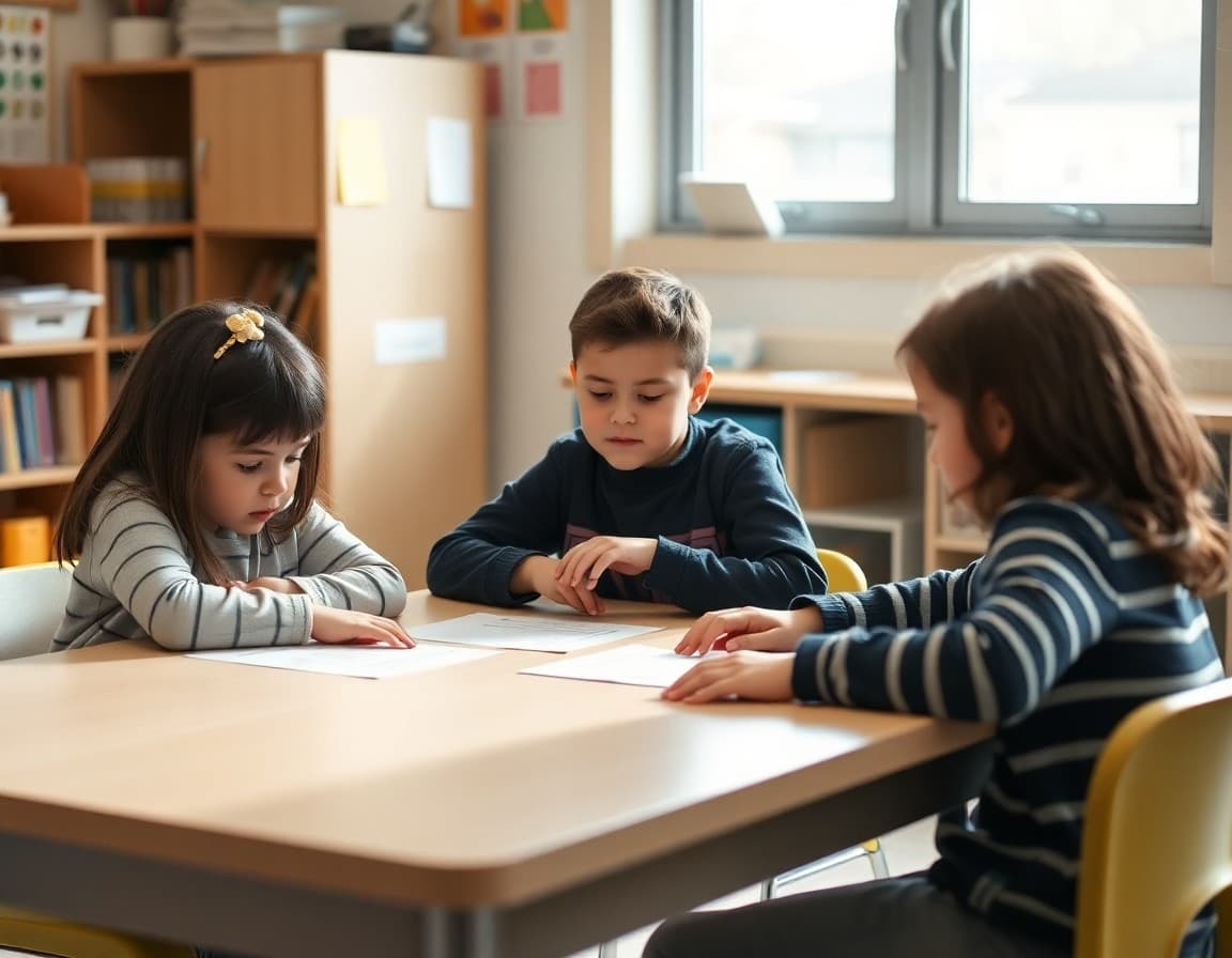 Second grade classroom cooperative learning activity with four students at a table