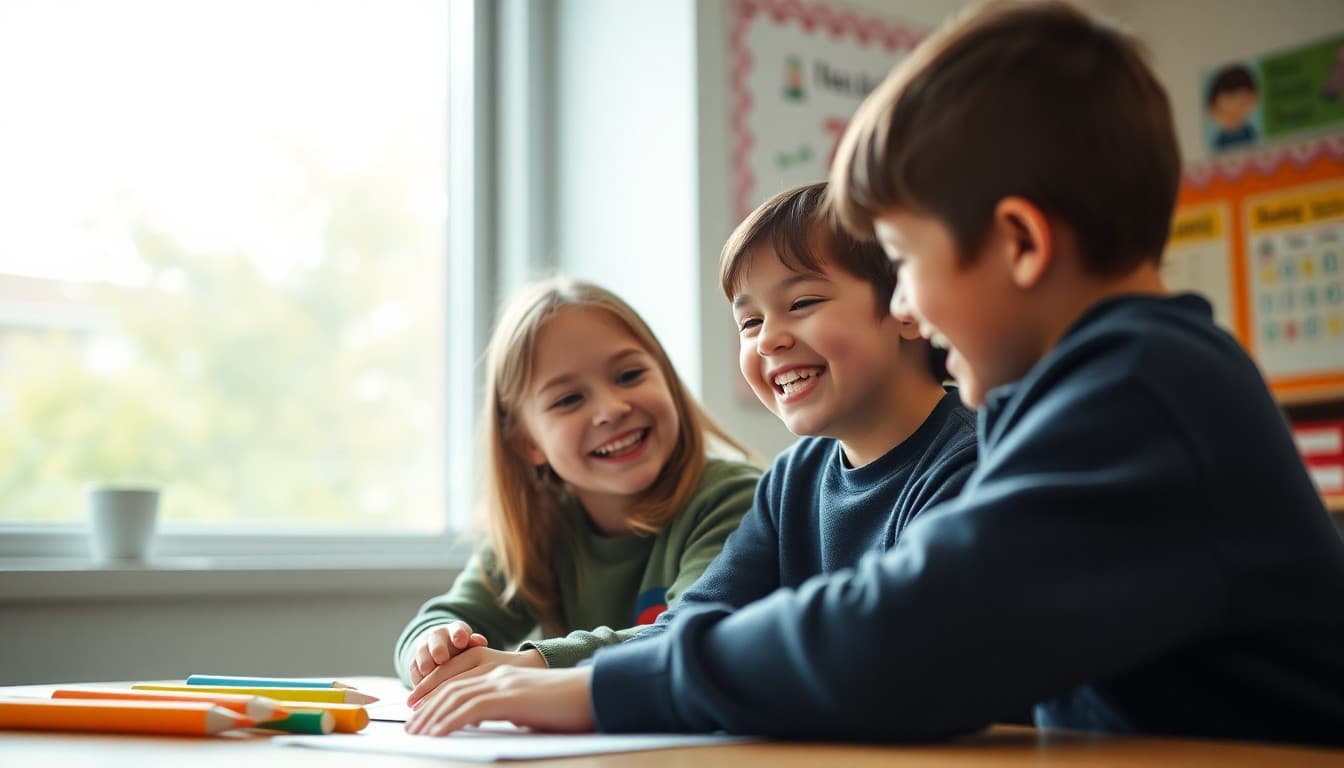 Two second grade students talking and laughing while working together on a project