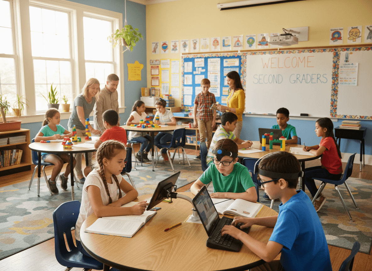 Diverse second grade classroom with students working in pairs including a student with assistive technology