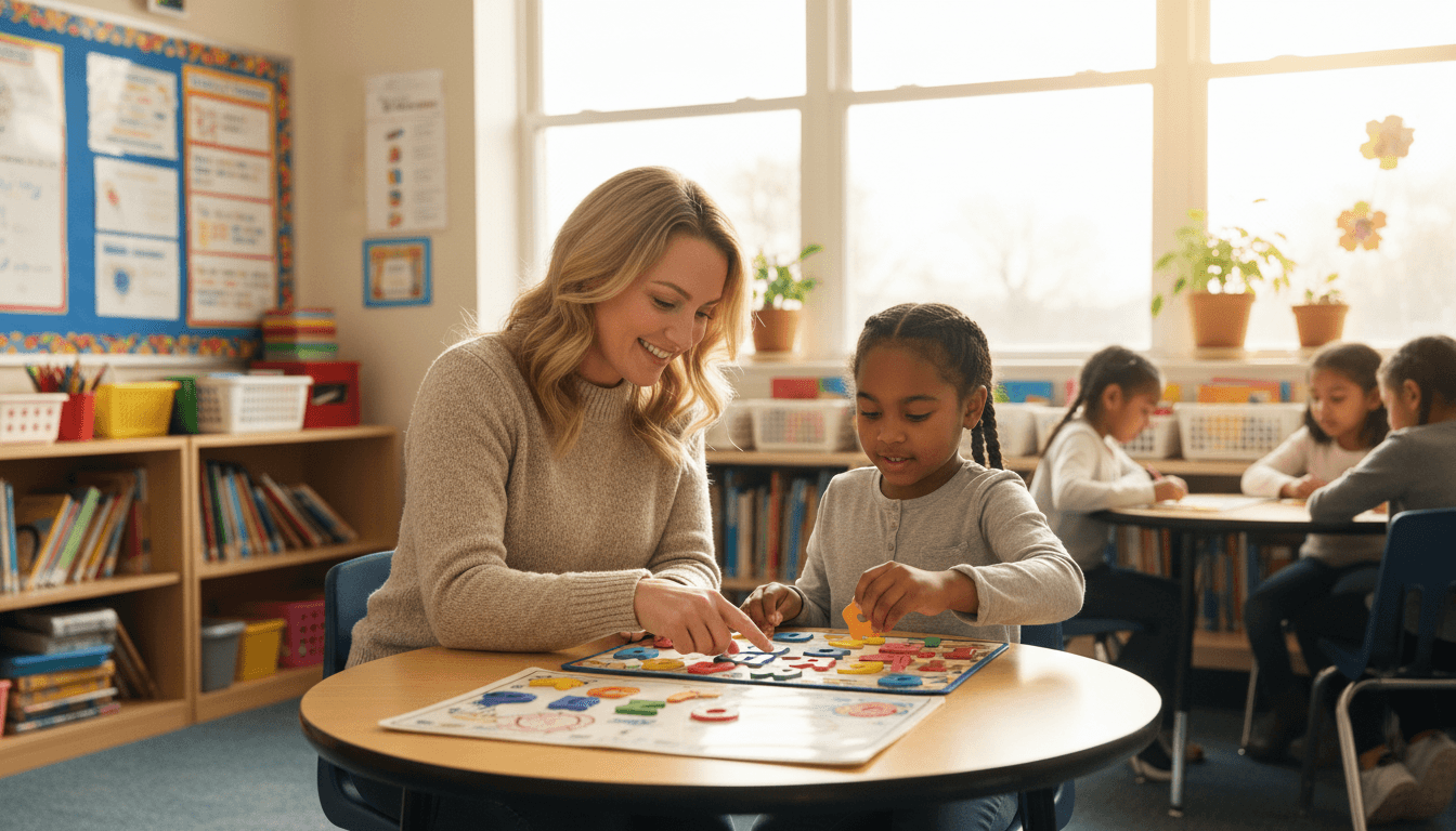 Second grade teacher working one on one with a student using learning materials at a small table