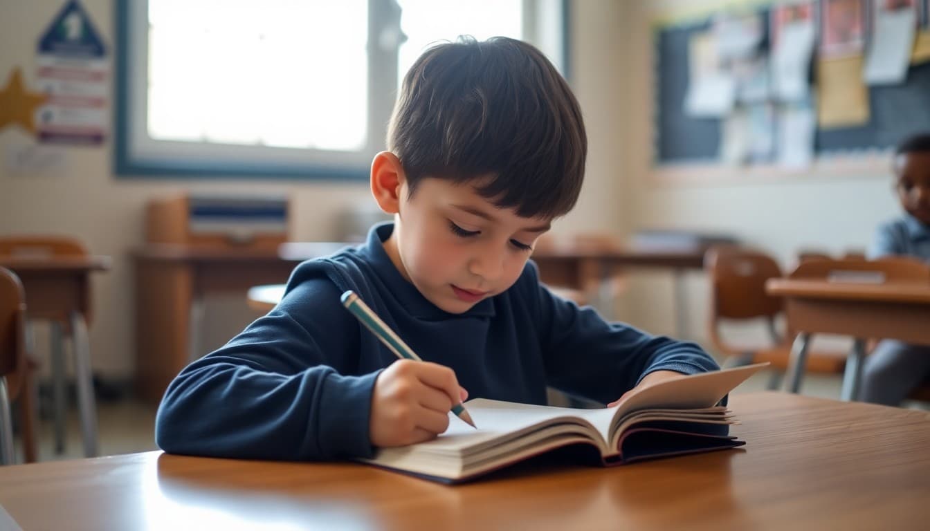 Second grader writing a spelling word list in a practice notebook