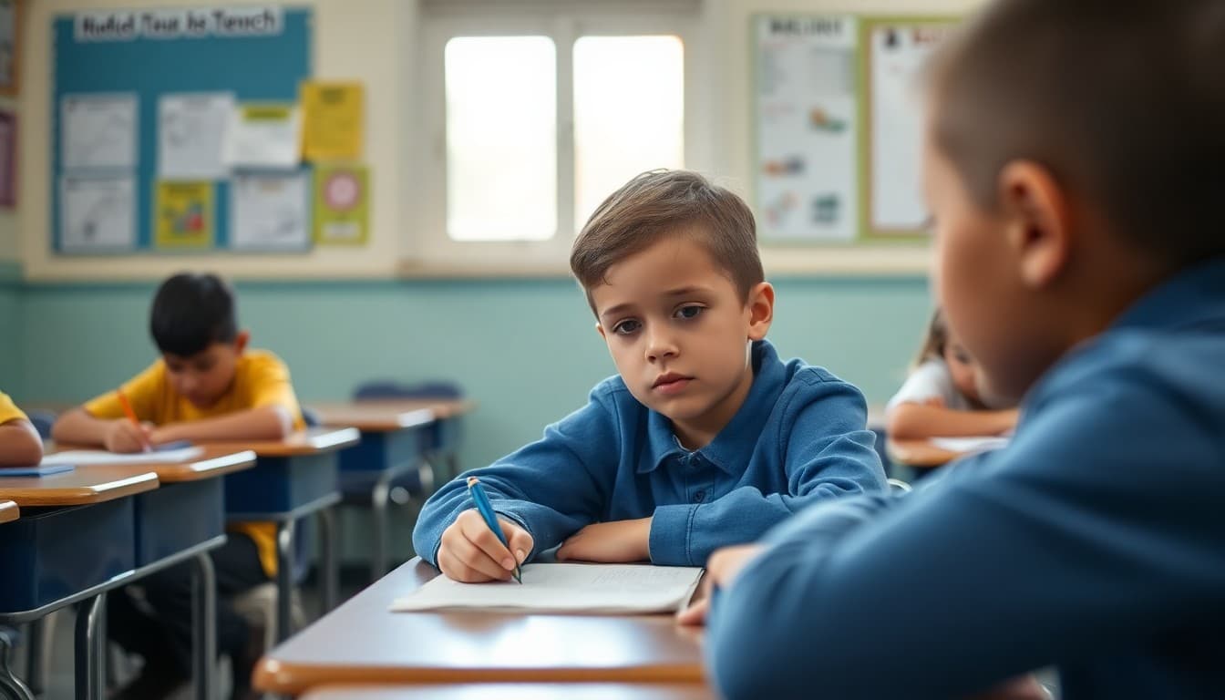 Second grade student at a desk during a quiet assessment with focused concentration