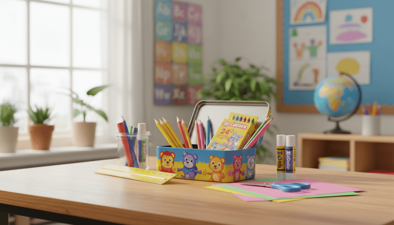 Second grade school supplies laid out on a table including crayons pencils and a pencil box