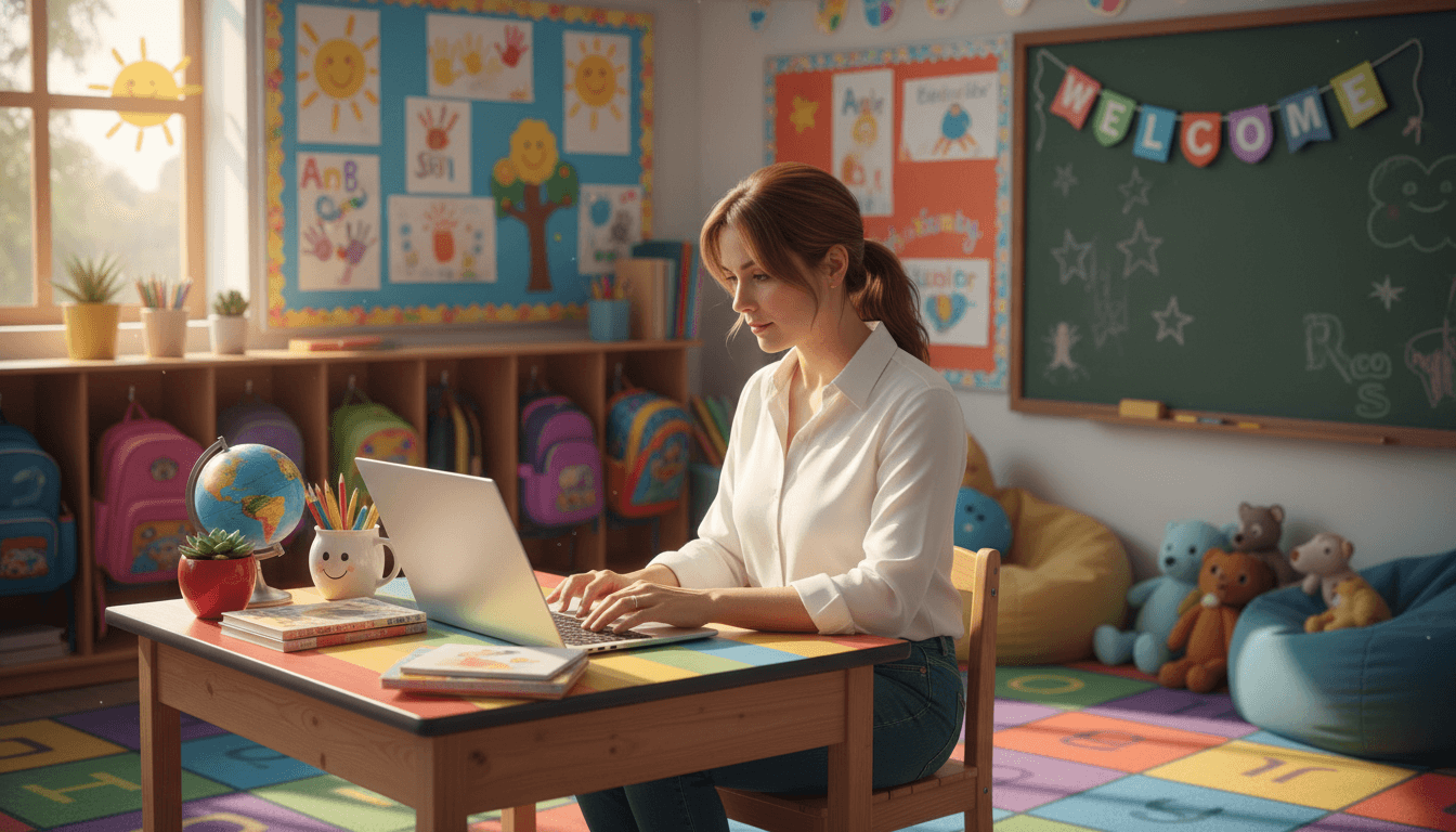 Kindergarten classroom teacher at desk in September, bulletin board visible