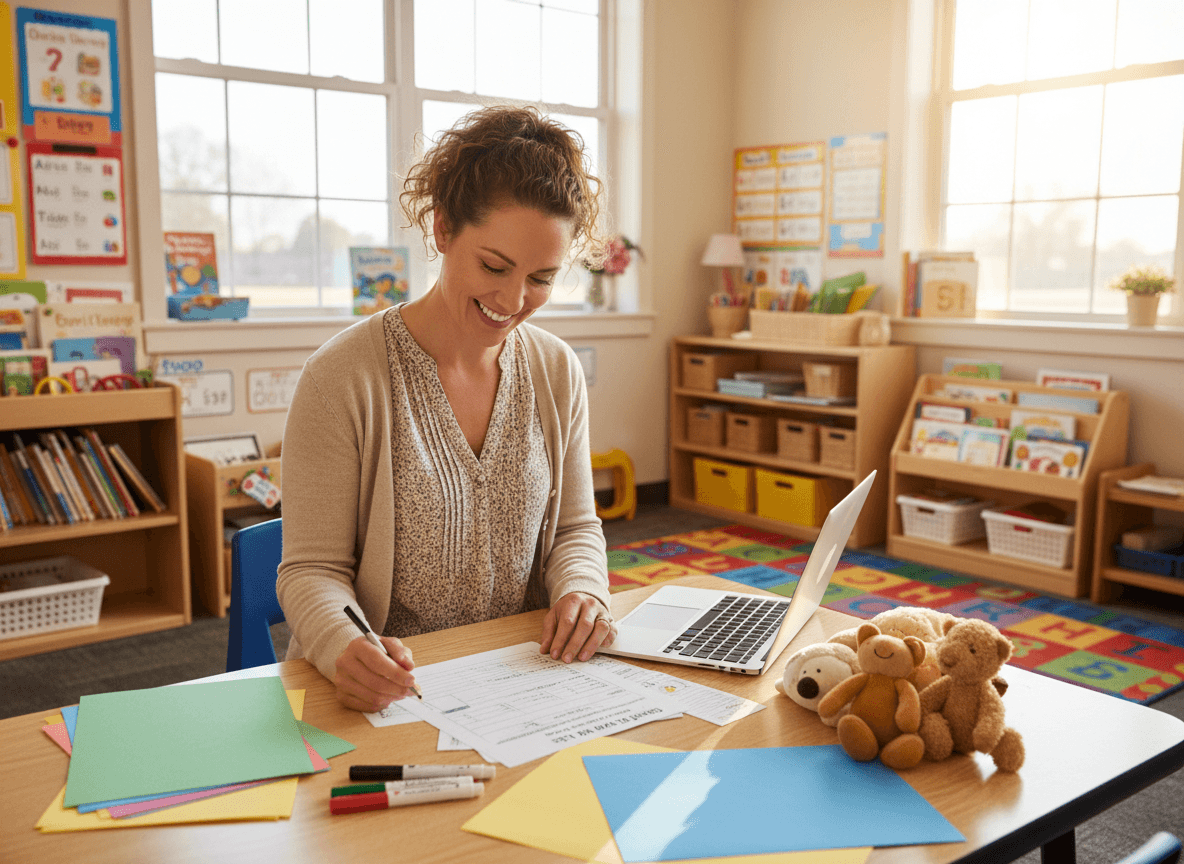 Kindergarten teacher reviewing a sight word list and assessment notes while preparing a September parent newsletter