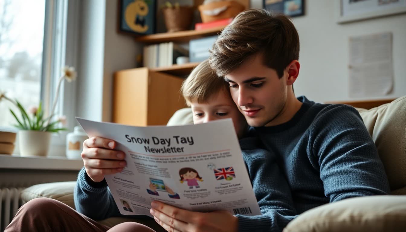 Parent and child at home reading a snow day learning newsletter from their teacher