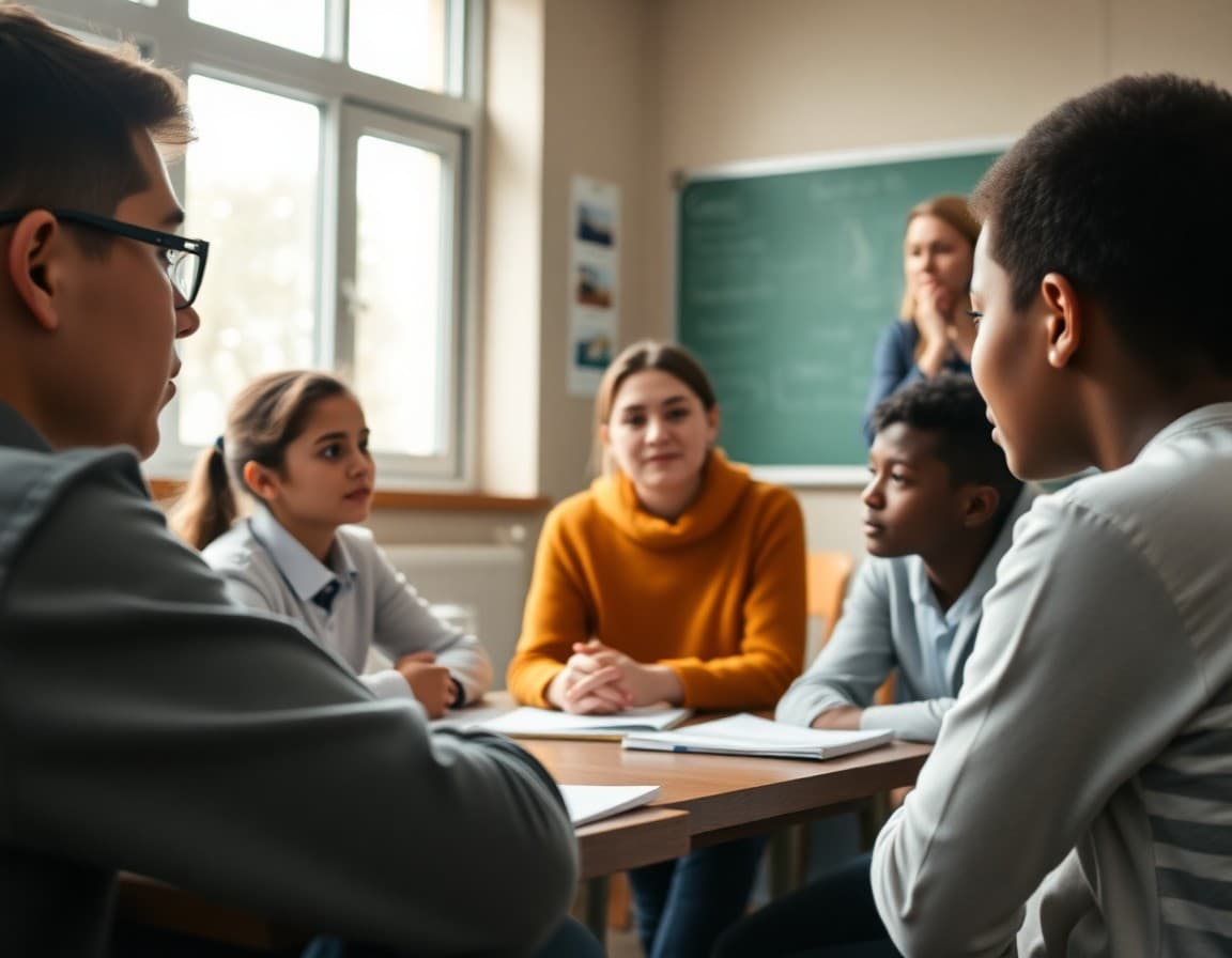 Close-up of students during academic discussion with teacher observing from outside circle