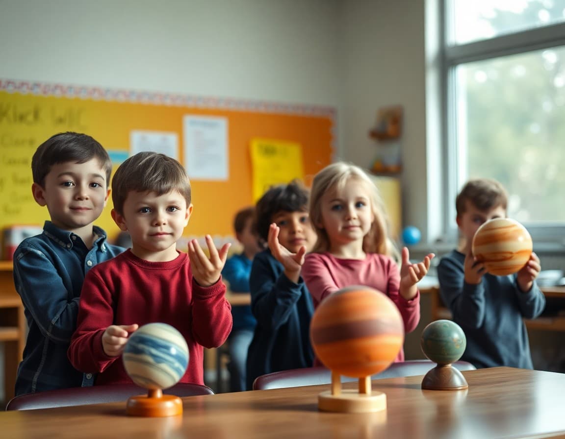 Elementary students presenting space science projects in a classroom with planet models