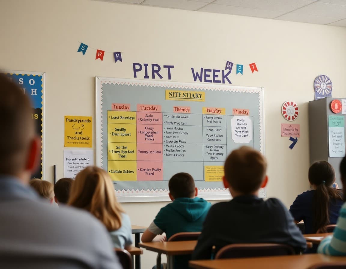 Classroom bulletin board displaying spirit week daily themes and schedule