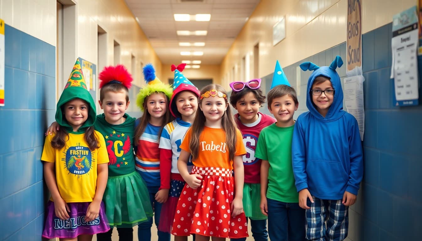 Students in colorful spirit week costumes posing together in an elementary school hallway
