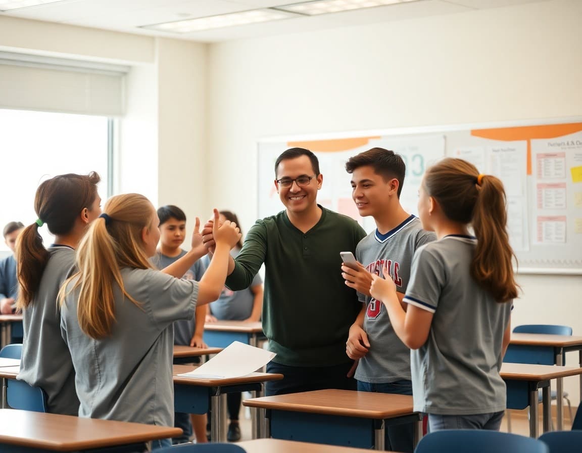 Teacher congratulating student athletes in the classroom after a sports season win