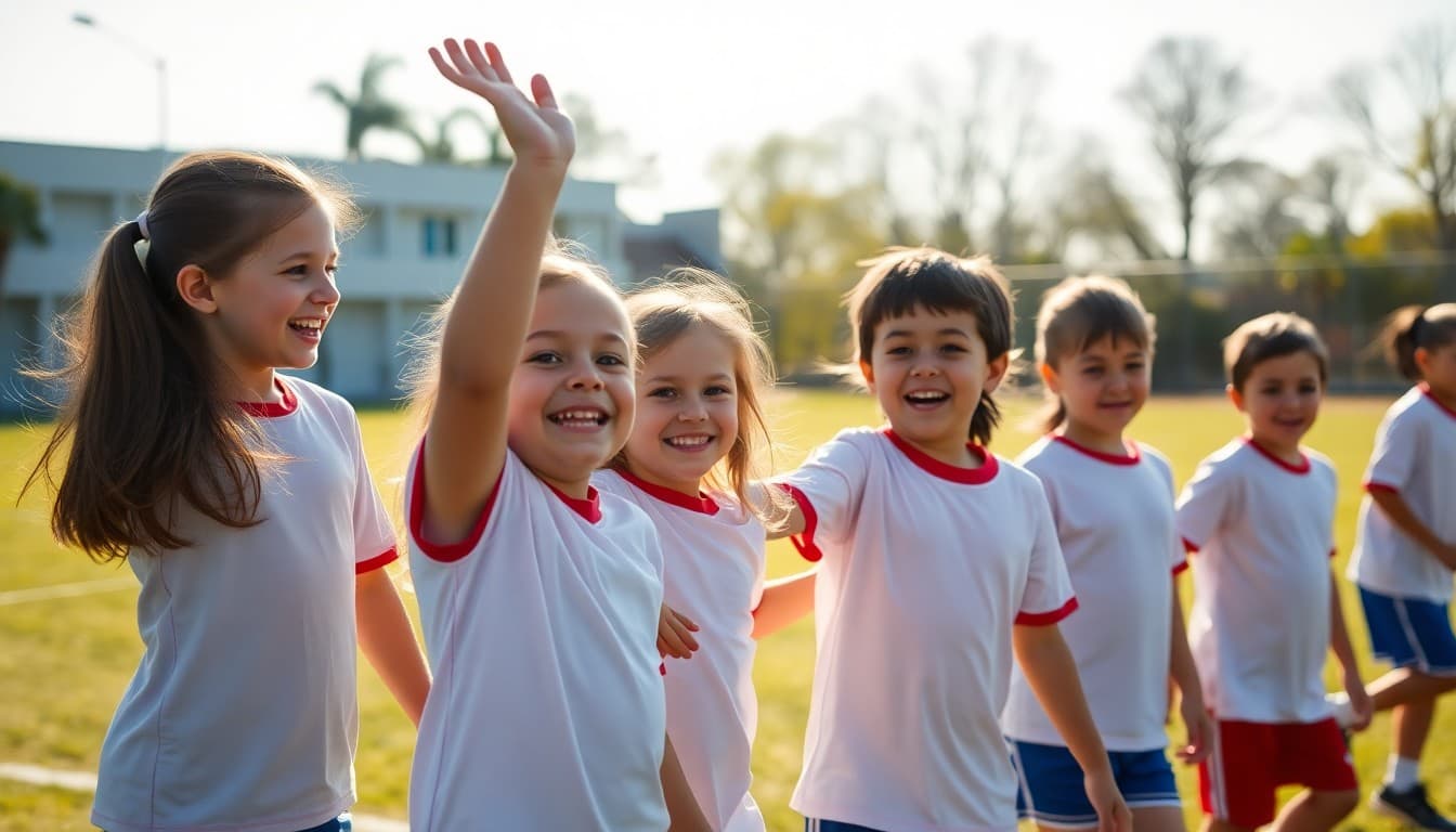 Elementary school students in sports uniforms celebrating a game on a sunny field