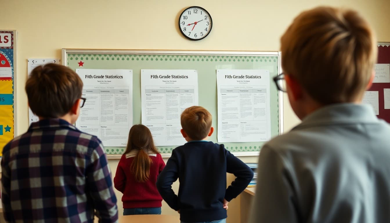 Fifth grade statistics newsletter examples displayed on a classroom teacher bulletin board