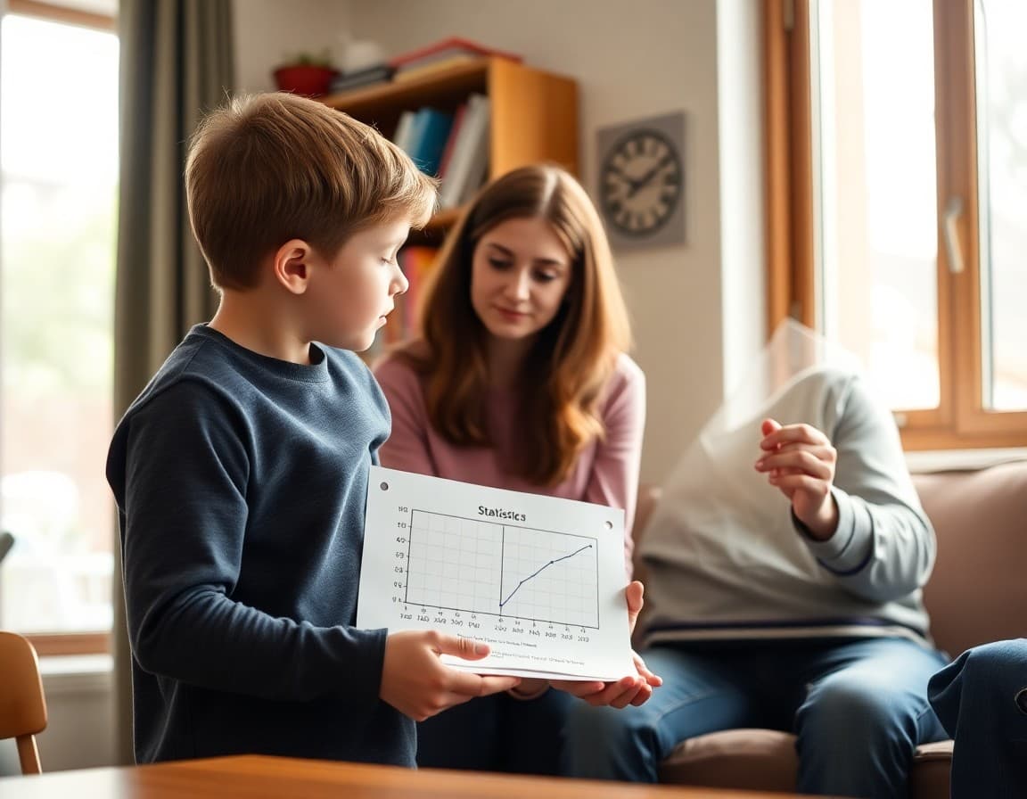 Fifth grade student showing parent a completed line plot diagram for statistics homework at home