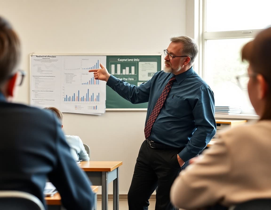 Fifth grade teacher pointing to a statistics review chart while helping students prepare for test
