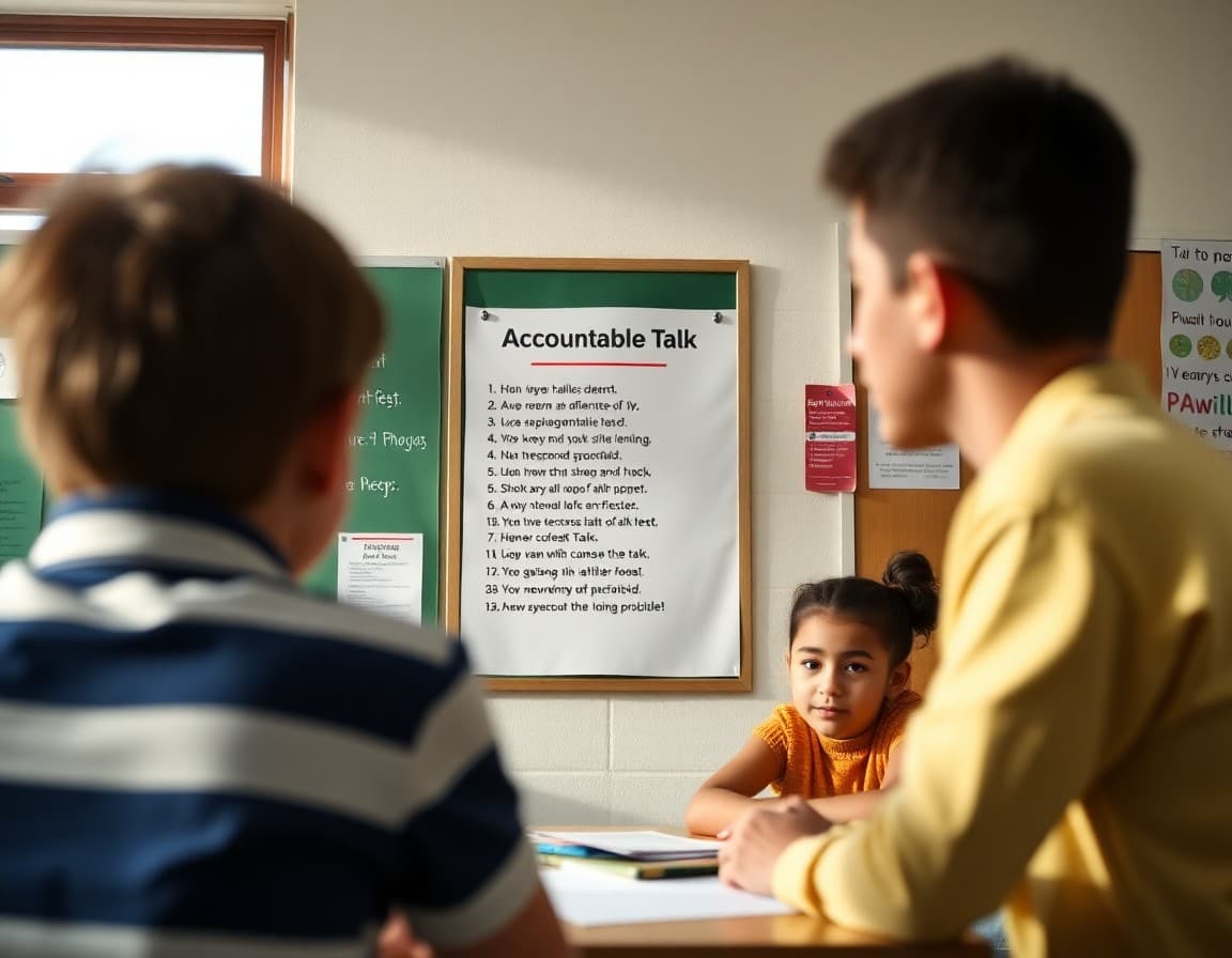 Accountable talk sentence stem poster displayed on classroom wall