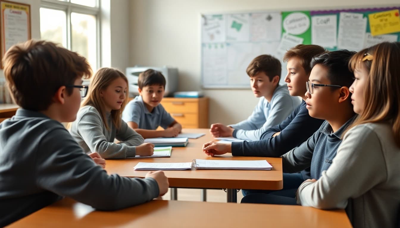 Students having a structured discussion using accountable talk at a classroom table