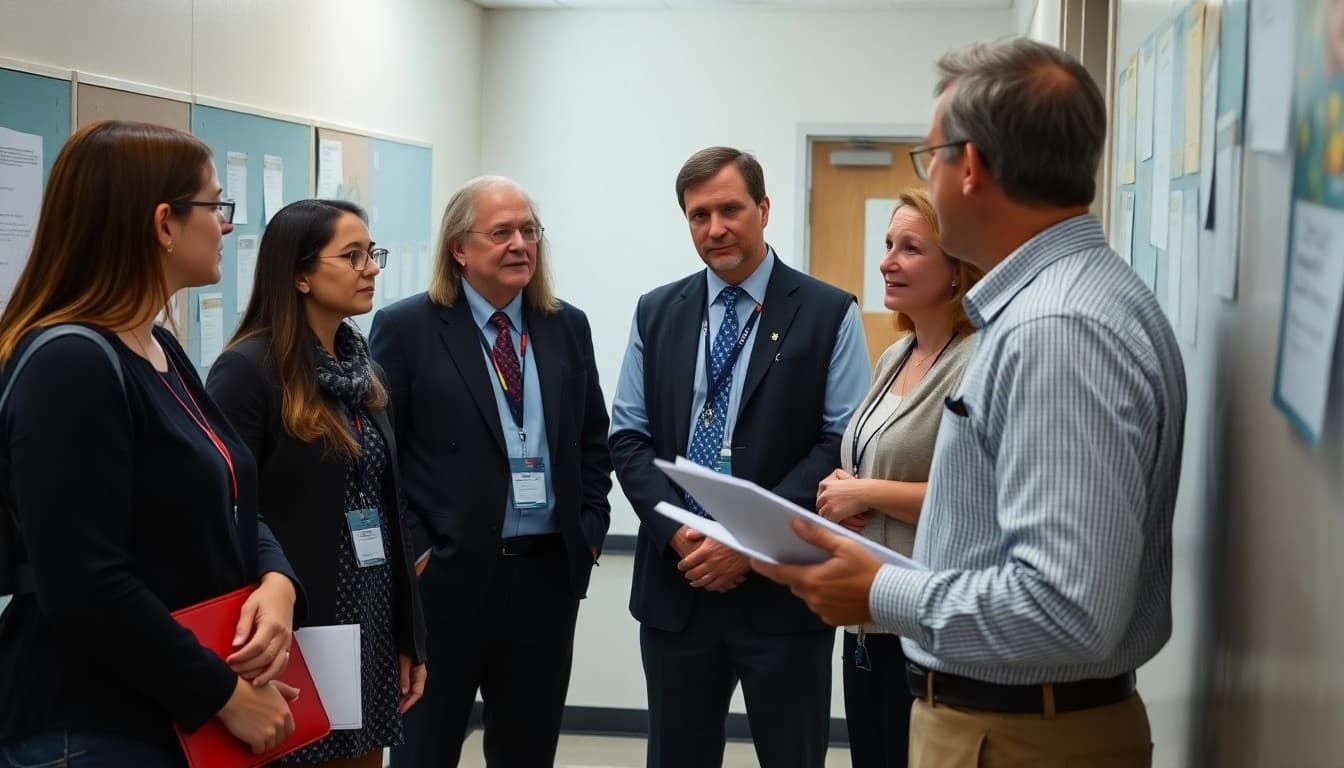 School administrator meeting with accreditation team visitors in a classroom hallway