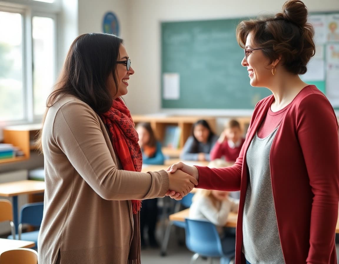 Parent and teacher shaking hands after a productive parent-teacher conference meeting