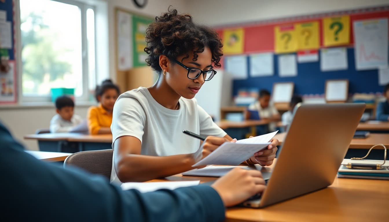 Teacher reviewing notes from parent conferences at a classroom desk with a laptop open