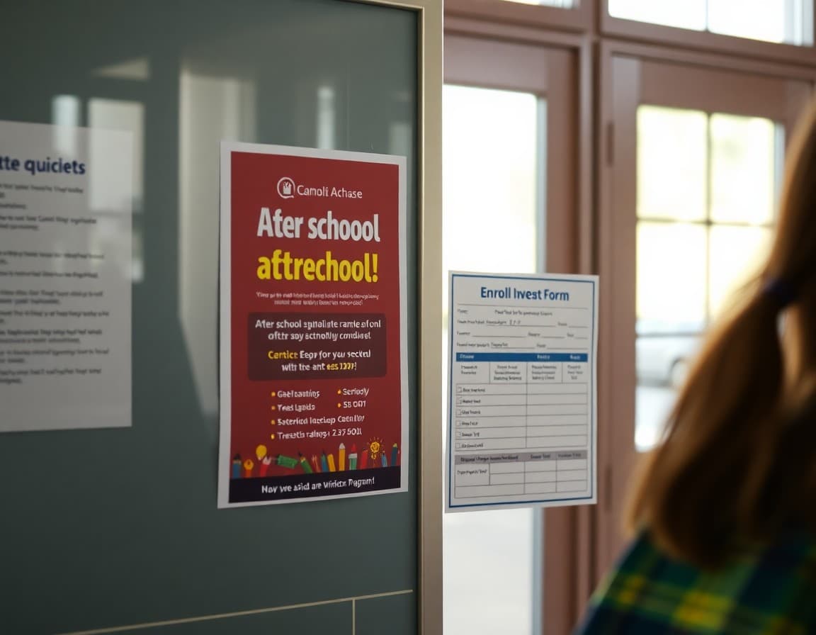 After-school program flyer and enrollment form on a school notice board