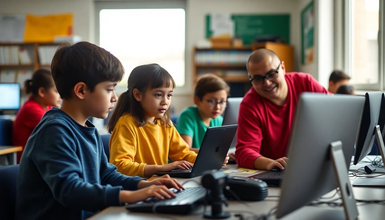 Students engaged in an after-school coding club activity with computers and teacher