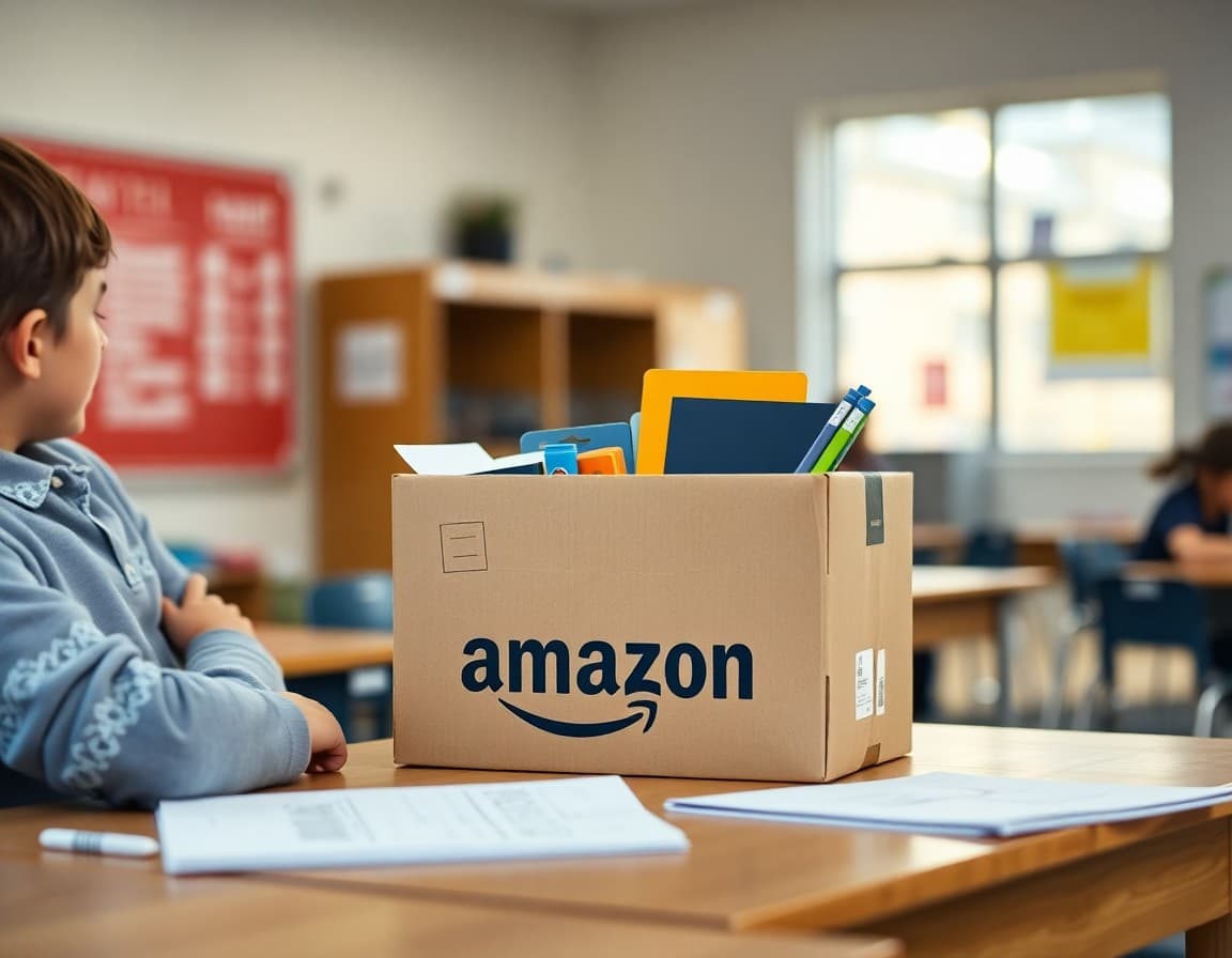 Box of Amazon delivered classroom supplies on teacher desk