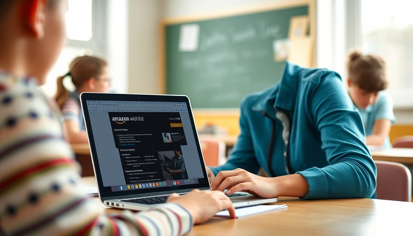 Teacher building an Amazon classroom wishlist on laptop for newsletter sharing