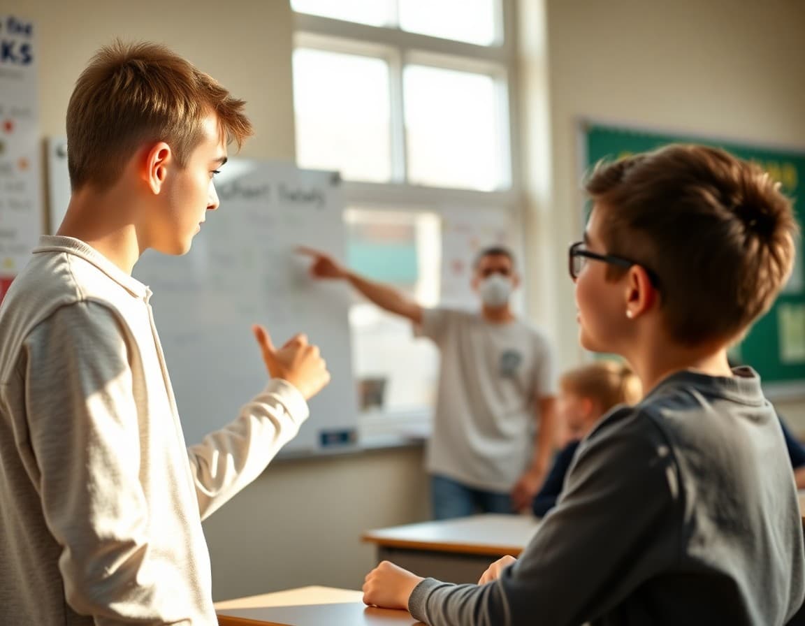 Student pointing to an anchor chart while explaining a concept to a peer