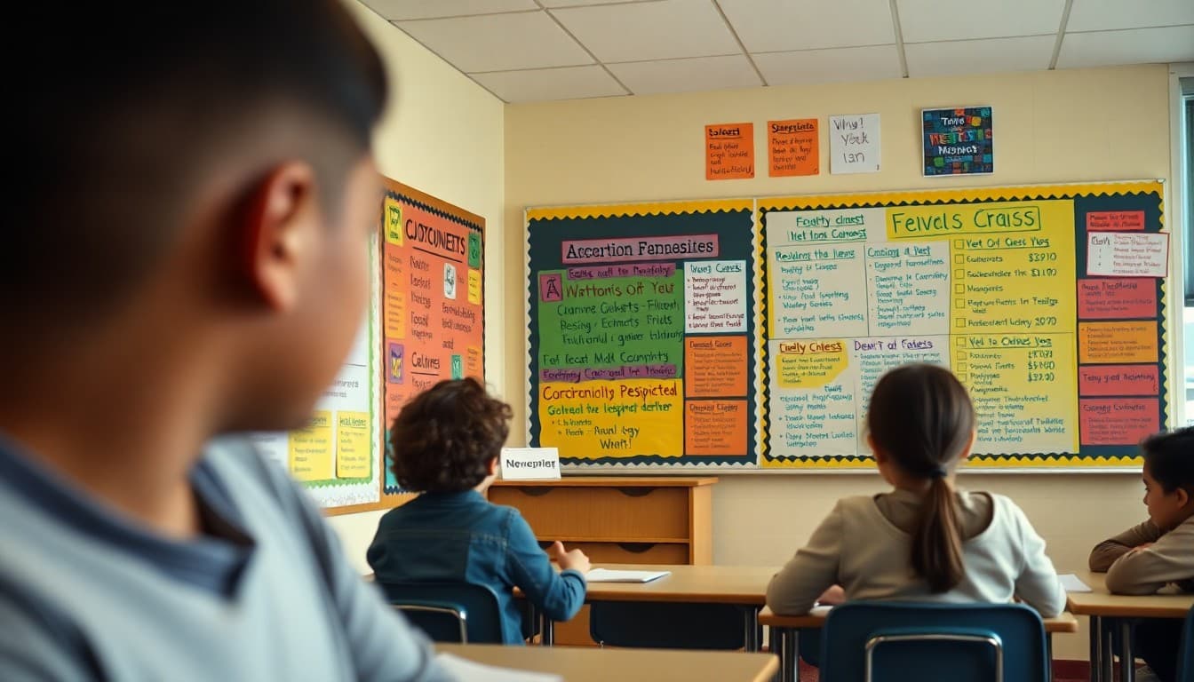 Colorful teacher-made anchor charts covering classroom walls with key concepts