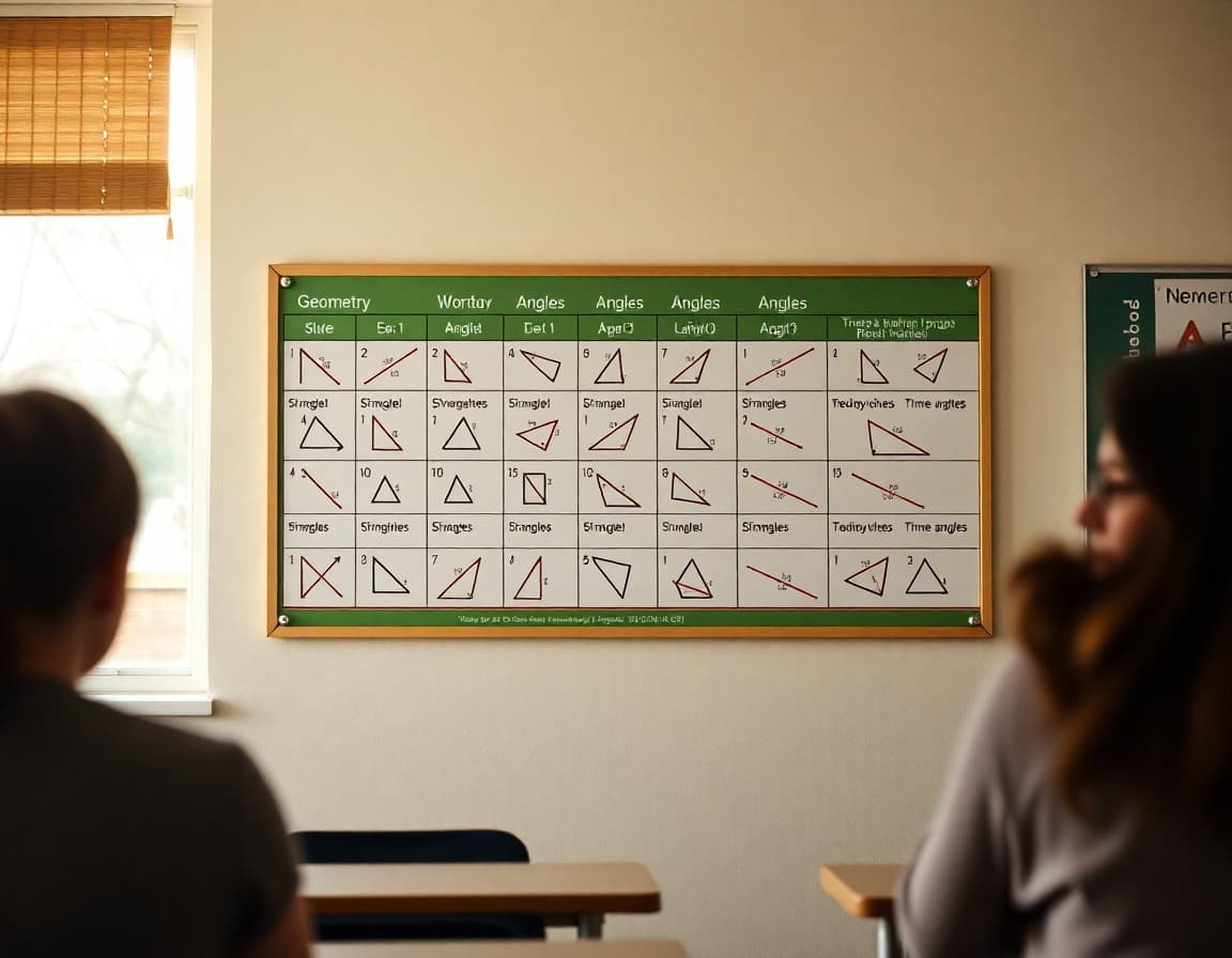 Geometry vocabulary chart showing types of angles and triangles on a classroom wall