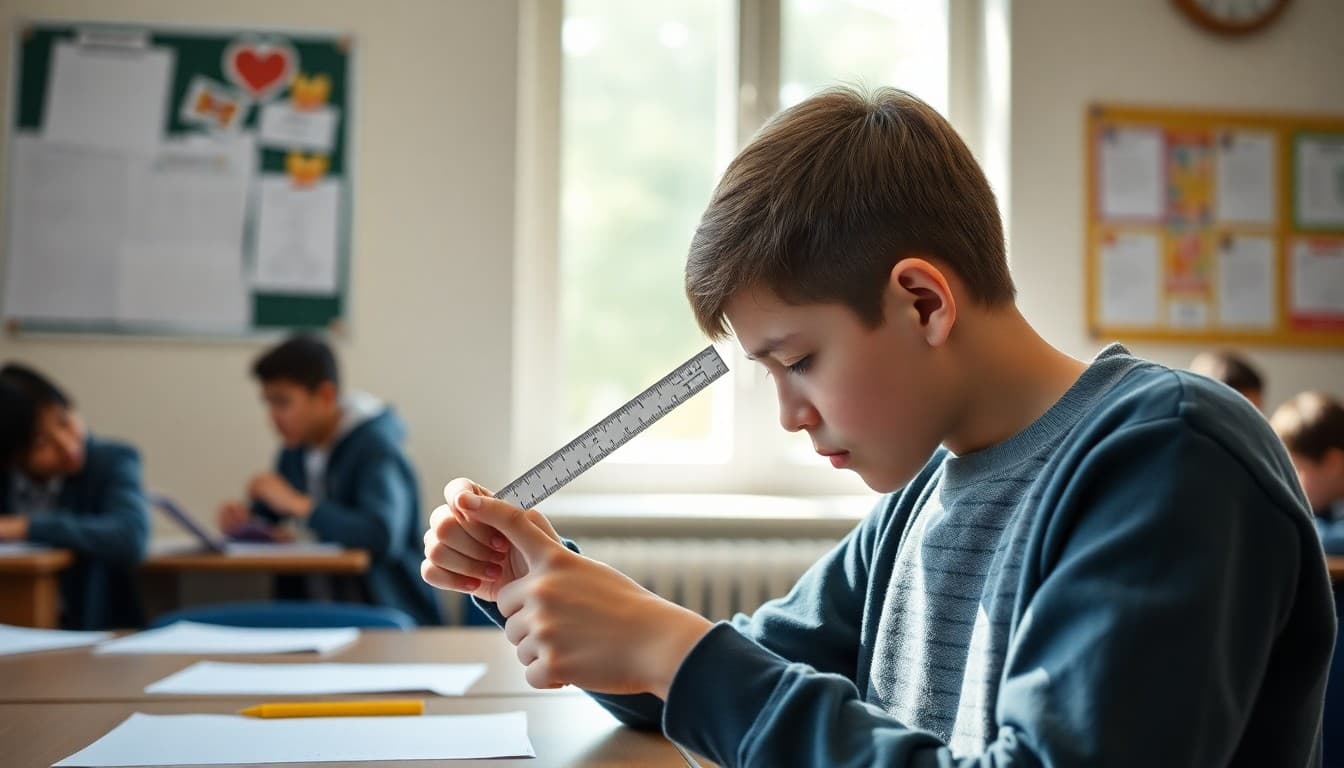 Student measuring angles in a polygon with a protractor during a geometry lesson