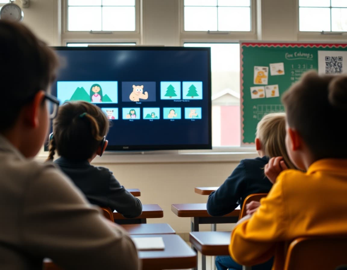 Student animation frames displayed on classroom monitor during presentation