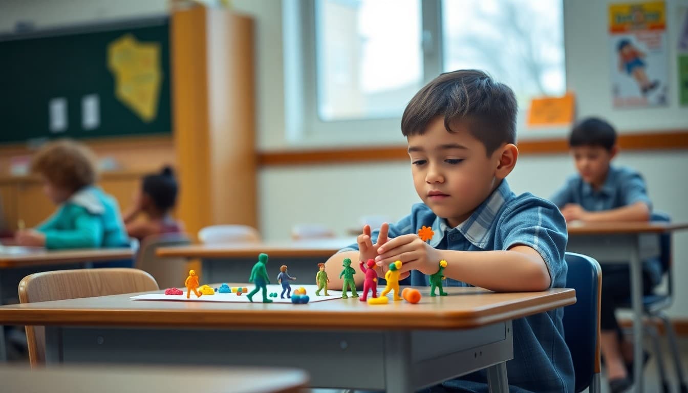 Student creating a stop motion animation at a classroom desk with colorful clay figures