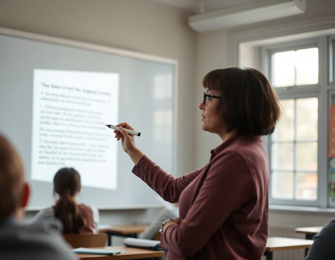 Teacher demonstrating annotation on a projected passage with a whiteboard marker